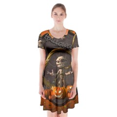 Halloween, Funny Mummy With Pumpkins Short Sleeve V-neck Flare Dress by FantasyWorld7