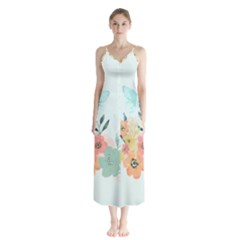 Watercolor Floral Blue Cute Butterfly Illustration Button Up Chiffon Maxi Dress