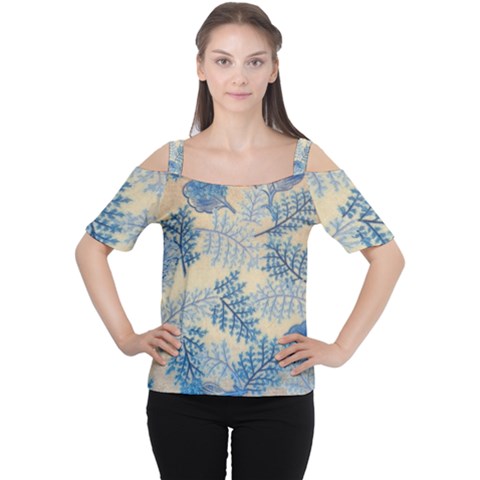 Fabric Embroidery Blue Texture Cutout Shoulder Tee by paulaoliveiradesign