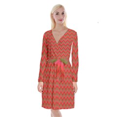 Background Retro Red Zigzag Long Sleeve Velvet Front Wrap Dress