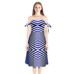 Blue Lines Iterative Art Wave Chevron Shoulder Tie Bardot Midi Dress