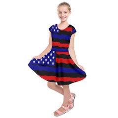 Flag American Line Star Red Blue White Black Beauty Kids  Short Sleeve Dress by Mariart