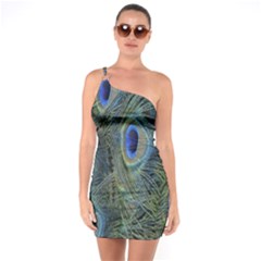 Peacock Feathers Blue Bird Nature One Soulder Bodycon Dress by Nexatart