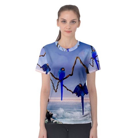 Wonderful Blue  Parrot Looking To The Ocean Women s Sport Mesh Tee by FantasyWorld7