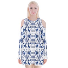 Rabbits Deer Birds Fish Flowers Floral Star Blue White Sexy Animals Velvet Long Sleeve Shoulder Cutout Dress by Mariart