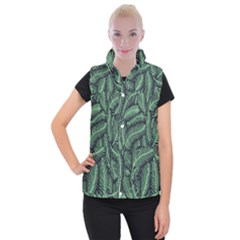 Coconut Leaves Summer Green Women s Button Up Puffer Vest