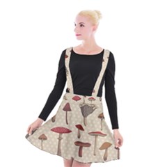 Mushroom Madness Red Grey Brown Polka Dots Suspender Skater Skirt by Mariart