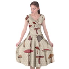 Mushroom Madness Red Grey Brown Polka Dots Cap Sleeve Wrap Front Dress