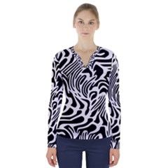 Psychedelic Zebra Black White Line V-neck Long Sleeve Top