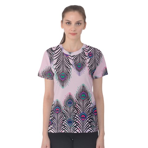 Peacock Feather Pattern Pink Love Heart Women s Cotton Tee by Mariart