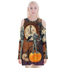 Funny Mummy With Skulls, Crow And Pumpkin Velvet Long Sleeve Shoulder Cutout Dress by FantasyWorld7
