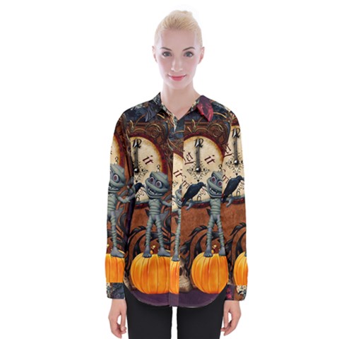 Funny Mummy With Skulls, Crow And Pumpkin Womens Long Sleeve Shirt by FantasyWorld7