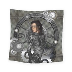 Steampunk, Steampunk Lady, Clocks And Gears In Silver Square Tapestry (small) by FantasyWorld7
