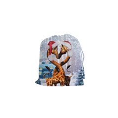 Christmas, Giraffe In Love With Christmas Hat Drawstring Pouches (xs)  by FantasyWorld7