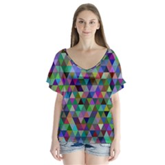 Triangle Tile Mosaic Pattern V-neck Flutter Sleeve Top by Nexatart