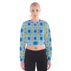 Blue Nice Daisy Flower Ang Yellow Squares Cropped Sweatshirt by MaryIllustrations