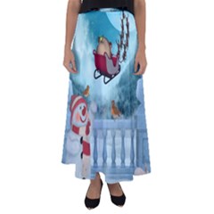 Christmas Design, Santa Claus With Reindeer In The Sky Flared Maxi Skirt by FantasyWorld7