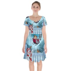 Christmas Design, Santa Claus With Reindeer In The Sky Short Sleeve Bardot Dress by FantasyWorld7