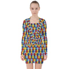 Fuzzle Red Blue Yellow Colorful V-neck Bodycon Long Sleeve Dress