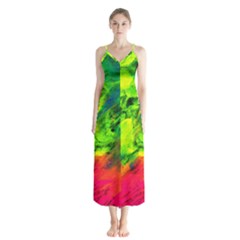 Neon Rainbow Green Pink Blue Red Painting Button Up Chiffon Maxi Dress