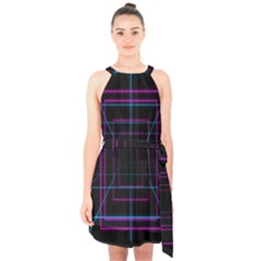 Retro Neon Grid Squares And Circle Pop Loop Motion Background Plaid Purple Halter Collar Waist Tie Chiffon Dress by Mariart
