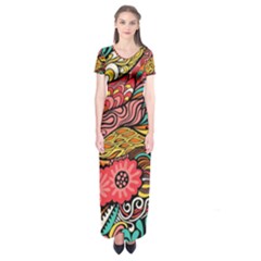 Seamless Texture Abstract Flowers Endless Background Ethnic Sea Art Short Sleeve Maxi Dress