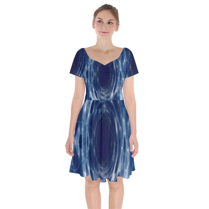 Worm Hole Line Space Blue Short Sleeve Bardot Dress