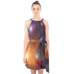 Galaxy Space Star Light Halter Collar Waist Tie Chiffon Dress