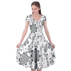 Grayscale Floral Heart Background Cap Sleeve Wrap Front Dress