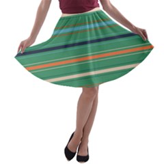 Horizontal Line Green Red Orange A-line Skater Skirt by Mariart