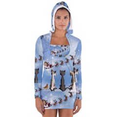 Christmas, Cute Cats Looking In The Sky To Santa Claus Long Sleeve Hooded T-shirt by FantasyWorld7