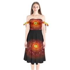 Space Galaxy Black Sun Shoulder Tie Bardot Midi Dress