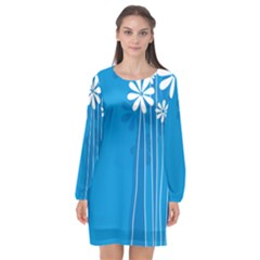 Flower Blue Long Sleeve Chiffon Shift Dress  by Mariart