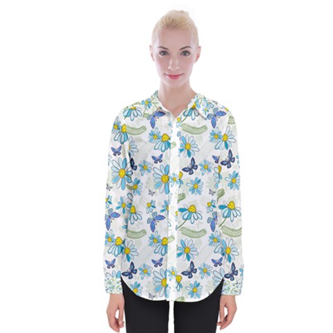 Flower Blue Butterfly Leaf Green Womens Long Sleeve Shirt by Mariart