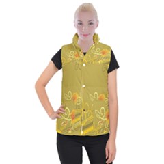 Flower Floral Yellow Sunflower Star Leaf Line Gold Women s Button Up Puffer Vest