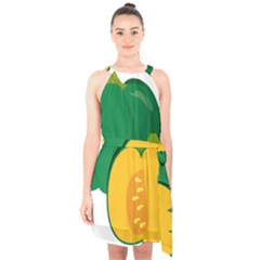 Pumpkin Peppers Green Yellow Halter Collar Waist Tie Chiffon Dress by Mariart