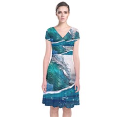 Sea Wave Waves Beach Water Blue Sky Short Sleeve Front Wrap Dress by Mariart