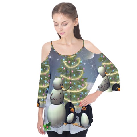 Funny Snowman With Penguin And Christmas Tree Flutter Tees by FantasyWorld7