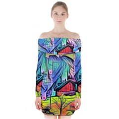 Magic Cube Abstract Art Long Sleeve Off Shoulder Dress by NouveauDesign
