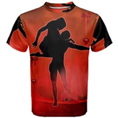 Dancing Couple On Red Background With Flowers And Hearts Men s Cotton Tee by FantasyWorld7