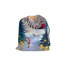 Christmas, Snowman With Santa Claus And Reindeer Drawstring Pouches (medium)  by FantasyWorld7