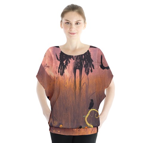Halloween Design With Scarecrow, Crow And Pumpkin Blouse by FantasyWorld7