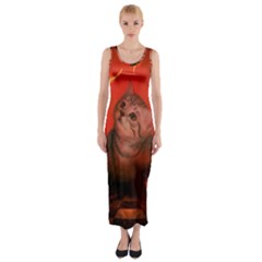 Cute Little Kitten, Red Background Fitted Maxi Dress by FantasyWorld7