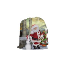 Sanata Claus With Snowman And Christmas Tree Drawstring Pouches (small)  by FantasyWorld7