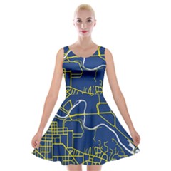 Map Art City Linbe Yellow Blue Velvet Skater Dress