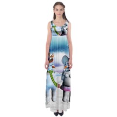 Funny, Cute Snowman And Snow Women In A Winter Landscape Empire Waist Maxi Dress by FantasyWorld7