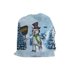 Funny Grimly Snowman In A Winter Landscape Drawstring Pouches (large)  by FantasyWorld7