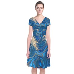 Ocean Blue Gold Marble Short Sleeve Front Wrap Dress by NouveauDesign