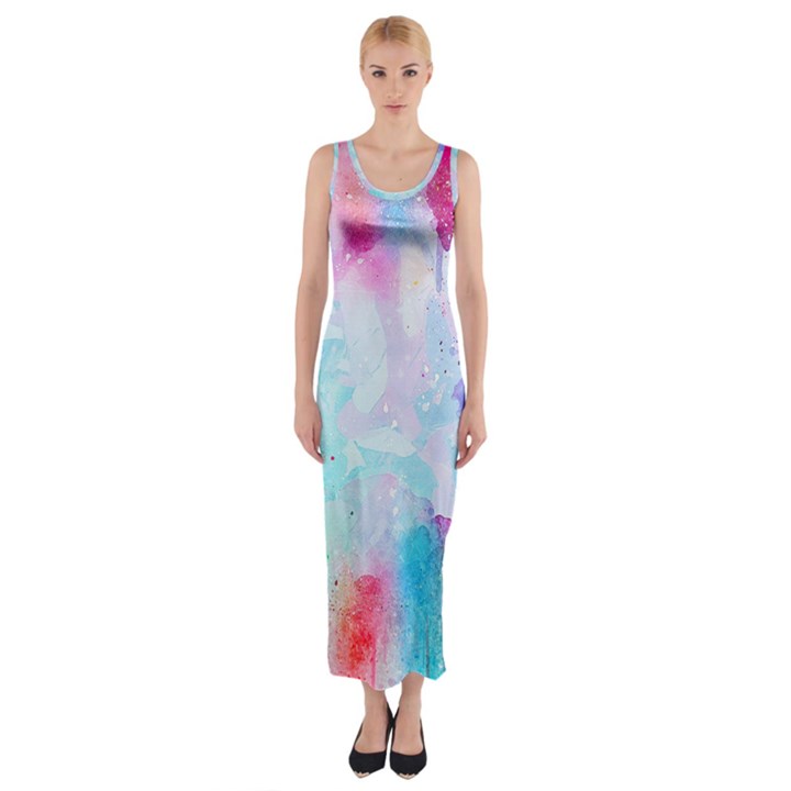 Pink and Purple Galaxy Watercolor Background  Fitted Maxi Dress