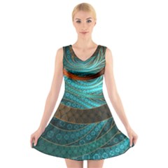 Beautiful Leather & Blue Turquoise Fractal Jewelry V-neck Sleeveless Skater Dress by jayaprime